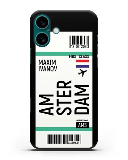 Чехол Авиабилет Амстердам с именем, фамилией силиконовый для iPhone 16 Plus