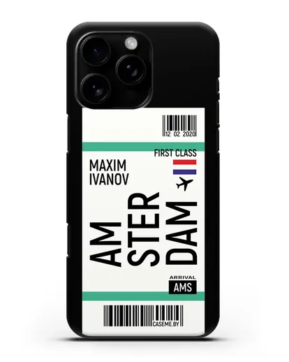 Чехол Авиабилет Амстердам с именем, фамилией силиконовый для iPhone 16 Pro Max