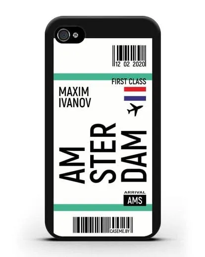 Чехол Авиабилет Амстердам с именем, фамилией силиконовый для iPhone 4/4s