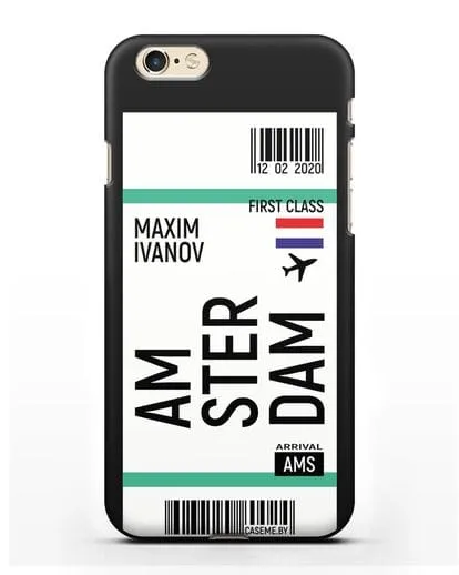 Чехол Авиабилет Амстердам с именем, фамилией силиконовый для iPhone 6