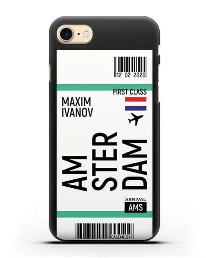 Чехол Авиабилет Амстердам с именем, фамилией силиконовый для iPhone 8