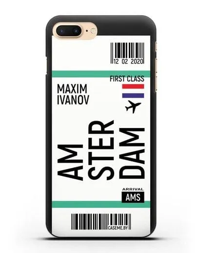 Чехол Авиабилет Амстердам с именем, фамилией силиконовый для iPhone 8 Plus