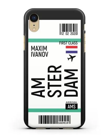 Чехол Авиабилет Амстердам с именем, фамилией силиконовый для iPhone XR