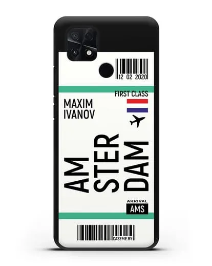 Чехол Авиабилет Амстердам с именем, фамилией силиконовый для Xiaomi Poco C40