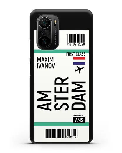 Чехол Авиабилет Амстердам с именем, фамилией силиконовый для Xiaomi Poco F3