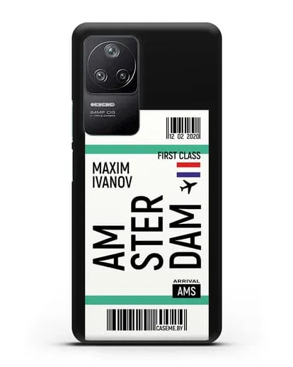 Чехол Авиабилет Амстердам с именем, фамилией силиконовый для Xiaomi Poco F4