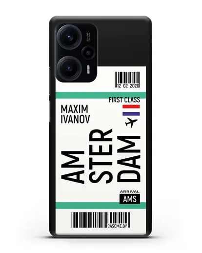 Чехол Авиабилет Амстердам с именем, фамилией силиконовый для Xiaomi Poco F5
