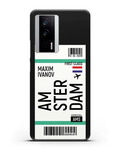 Чехол Авиабилет Амстердам с именем, фамилией силиконовый для Xiaomi Poco F5 Pro