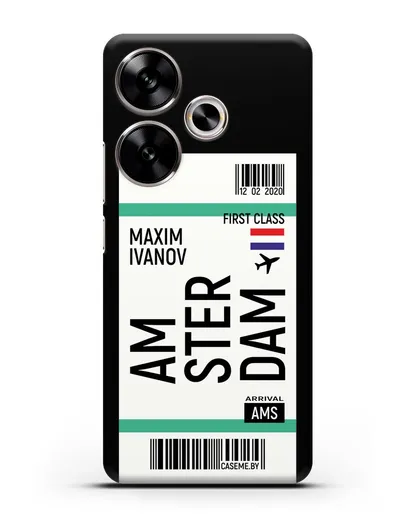Чехол Авиабилет Амстердам с именем, фамилией силиконовый для Xiaomi Poco F6