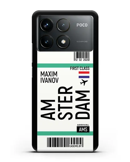 Чехол Авиабилет Амстердам с именем, фамилией силиконовый для Xiaomi Poco F6 Pro