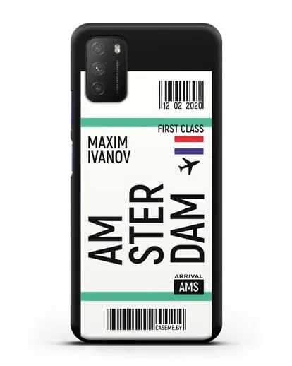 Чехол Авиабилет Амстердам с именем, фамилией силиконовый для Xiaomi Poco M3