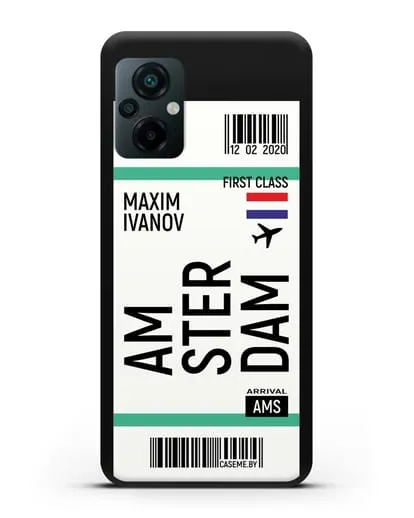 Чехол Авиабилет Амстердам с именем, фамилией силиконовый для Xiaomi Poco M5