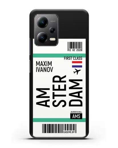 Чехол Авиабилет Амстердам с именем, фамилией силиконовый для Xiaomi Poco X5