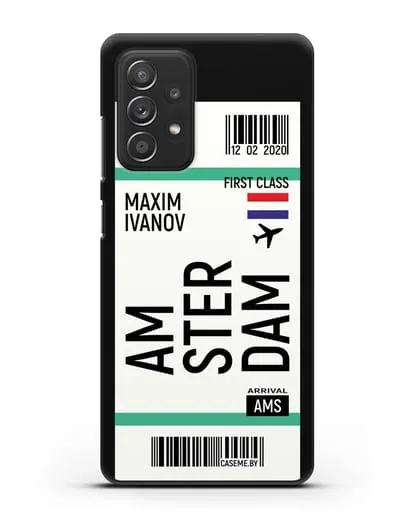 Чехол Авиабилет Амстердам с именем, фамилией силиконовый для Samsung Galaxy A53