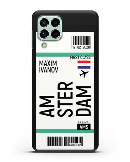 Чехол Авиабилет Амстердам с именем, фамилией силиконовый для Samsung Galaxy M53 [SM-M536]