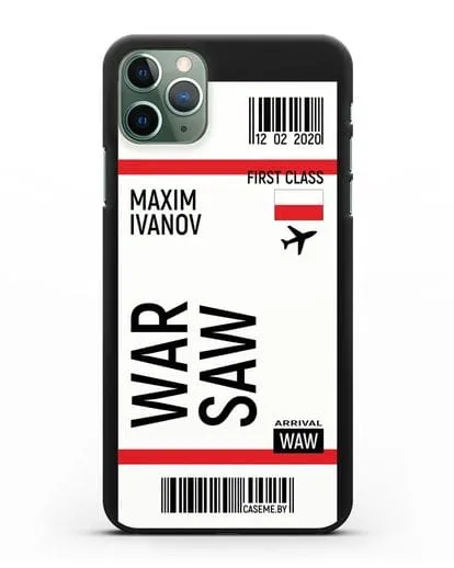 Чехол Авиабилет Варшава с именем, фамилией силиконовый для iPhone 11 Pro Max