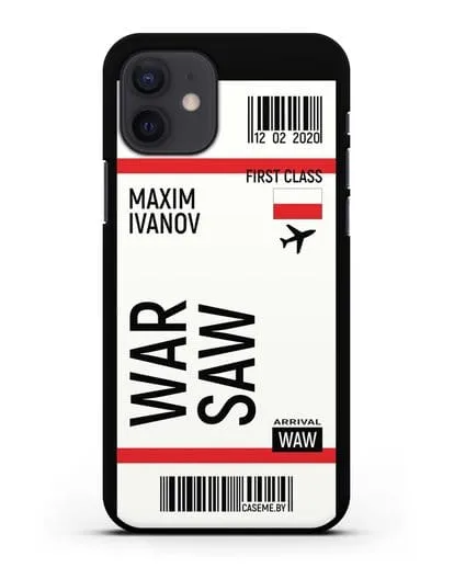 Чехол Авиабилет Варшава с именем, фамилией силиконовый для iPhone 12