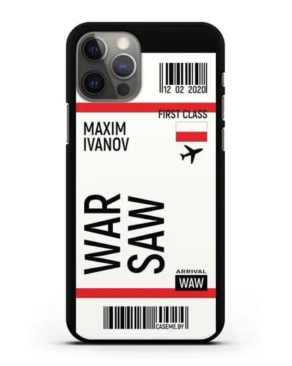 Чехол Авиабилет Варшава с именем, фамилией силиконовый для iPhone 12 Pro