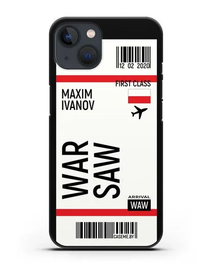 Чехол Авиабилет Варшава с именем, фамилией силиконовый для iPhone 13 Mini