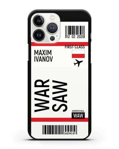 Чехол Авиабилет Варшава с именем, фамилией силиконовый для iPhone 13 Pro Max