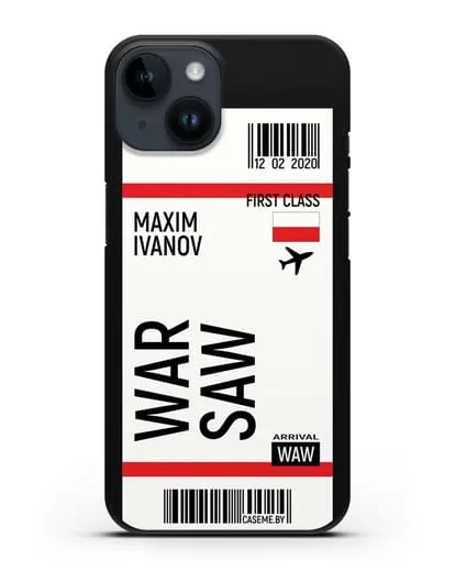 Чехол Авиабилет Варшава с именем, фамилией силиконовый для iPhone 14