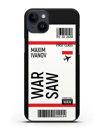 Чехол Авиабилет Варшава с именем, фамилией силиконовый для iPhone 14 Plus