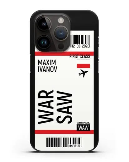 Чехол Авиабилет Варшава с именем, фамилией силиконовый для iPhone 14 Pro