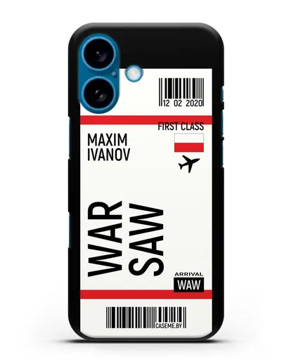 Чехол Авиабилет Варшава с именем, фамилией силиконовый для iPhone 16
