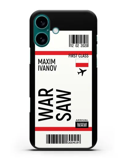 Чехол Авиабилет Варшава с именем, фамилией силиконовый для iPhone 16 Plus