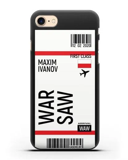 Чехол Авиабилет Варшава с именем, фамилией силиконовый для iPhone 8