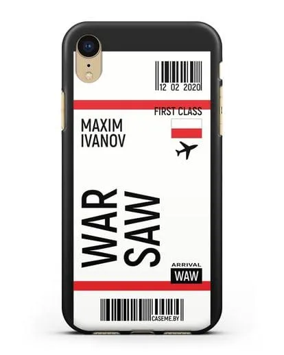 Чехол Авиабилет Варшава с именем, фамилией силиконовый для iPhone XR