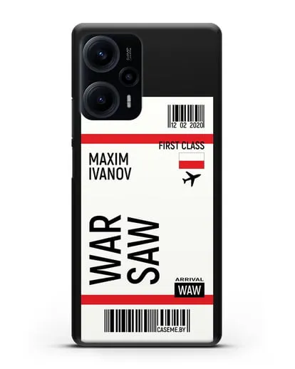 Чехол Авиабилет Варшава с именем, фамилией силиконовый для Xiaomi Poco F5