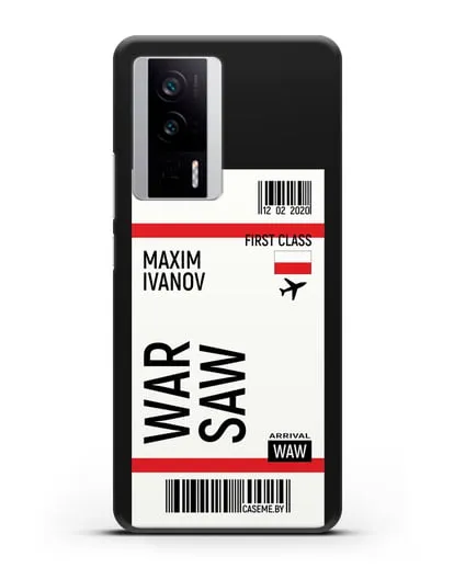 Чехол Авиабилет Варшава с именем, фамилией силиконовый для Xiaomi Poco F5 Pro