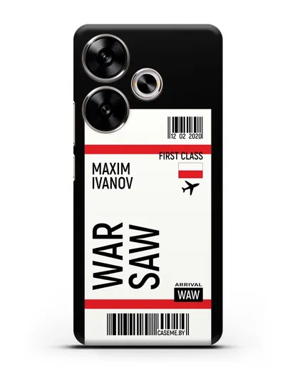 Чехол Авиабилет Варшава с именем, фамилией силиконовый для Xiaomi Poco F6