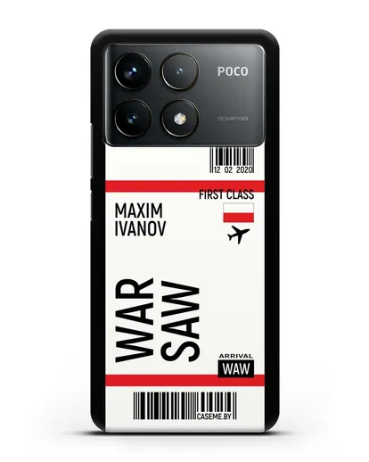 Чехол Авиабилет Варшава с именем, фамилией силиконовый для Xiaomi Poco F6 Pro