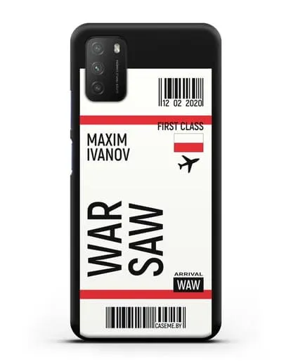 Чехол Авиабилет Варшава с именем, фамилией силиконовый для Xiaomi Poco M3