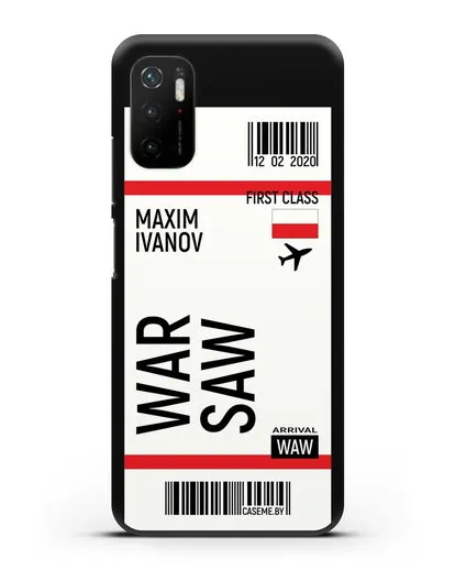 Чехол Авиабилет Варшава с именем, фамилией силиконовый для Xiaomi Poco M3 Pro