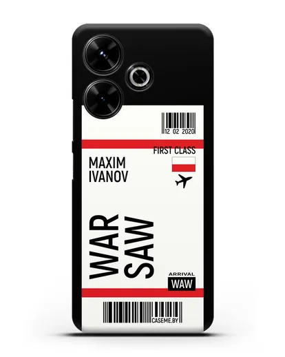 Чехол Авиабилет Варшава с именем, фамилией силиконовый для Xiaomi Poco M6