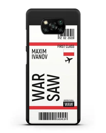 Чехол Авиабилет Варшава с именем, фамилией силиконовый для Xiaomi Poco X3