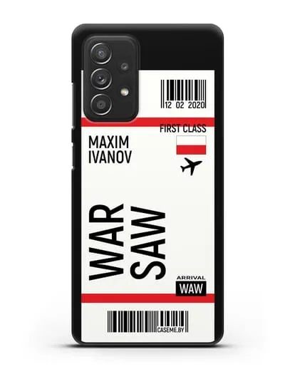 Чехол Авиабилет Варшава с именем, фамилией силиконовый для Samsung Galaxy A53