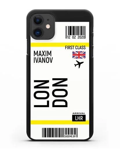 Чехол Авиабилет Лондон с именем, фамилией силиконовый для iPhone 11