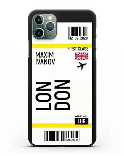 Чехол Авиабилет Лондон с именем, фамилией силиконовый для iPhone 11 Pro