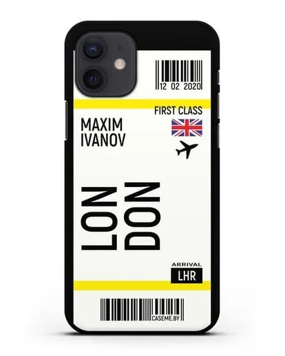 Чехол Авиабилет Лондон с именем, фамилией силиконовый для iPhone 12