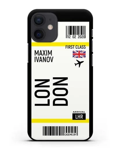 Чехол Авиабилет Лондон с именем, фамилией силиконовый для iPhone 12 mini