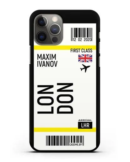 Чехол Авиабилет Лондон с именем, фамилией силиконовый для iPhone 12 Pro