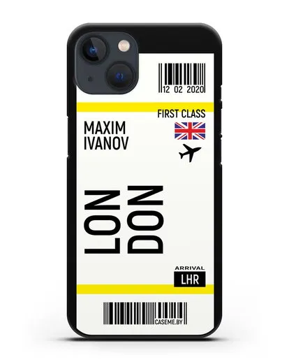Чехол Авиабилет Лондон с именем, фамилией силиконовый для iPhone 13
