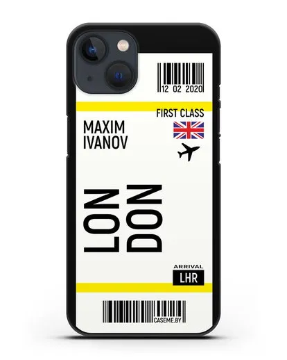 Чехол Авиабилет Лондон с именем, фамилией силиконовый для iPhone 13 Mini