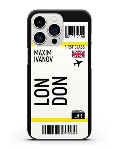 Чехол Авиабилет Лондон с именем, фамилией силиконовый для iPhone 13 Pro