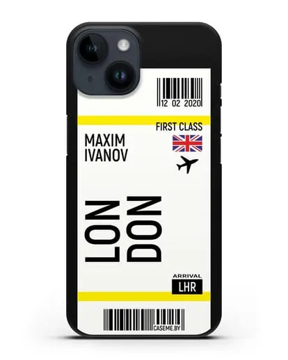 Чехол Авиабилет Лондон с именем, фамилией силиконовый для iPhone 14