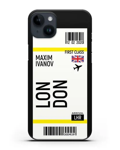 Чехол Авиабилет Лондон с именем, фамилией силиконовый для iPhone 14 Plus